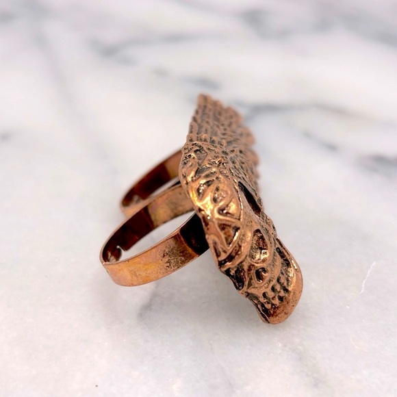 Antique Copper‎ Color SKULL & Feather Duo Finger/Knuckle Ring - Picture 2 of 4